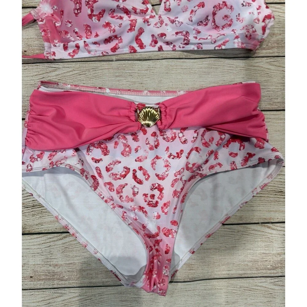 Leopard Print Pink Two-Piece Bikini Sea Shell Accent Size Small